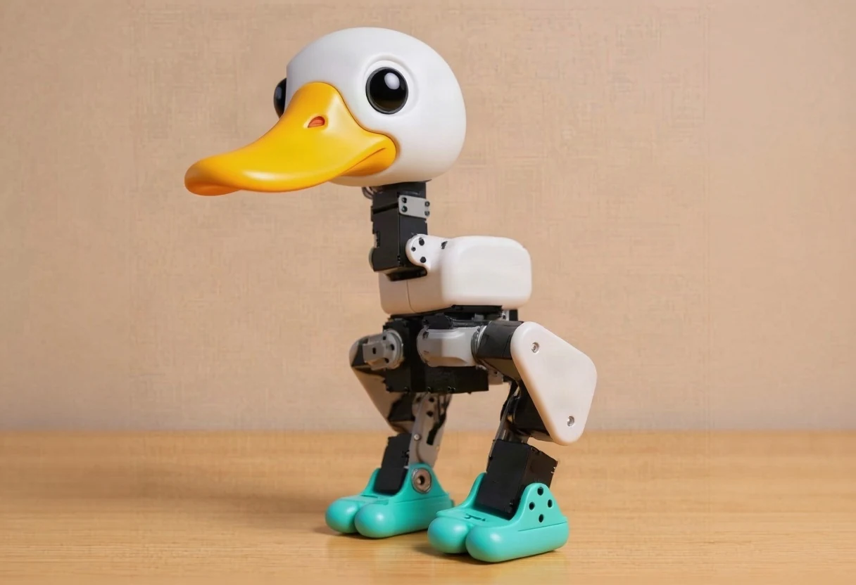 AI-generated robot duck product shot: a small cream matte bipedal robot duck with one round camera eye, standing on a wooden desk