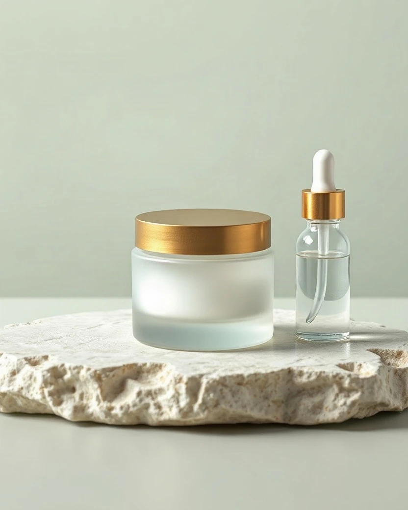 A frosted glass cream jar with a brass lid beside a dropper bottle on a pale stone slab