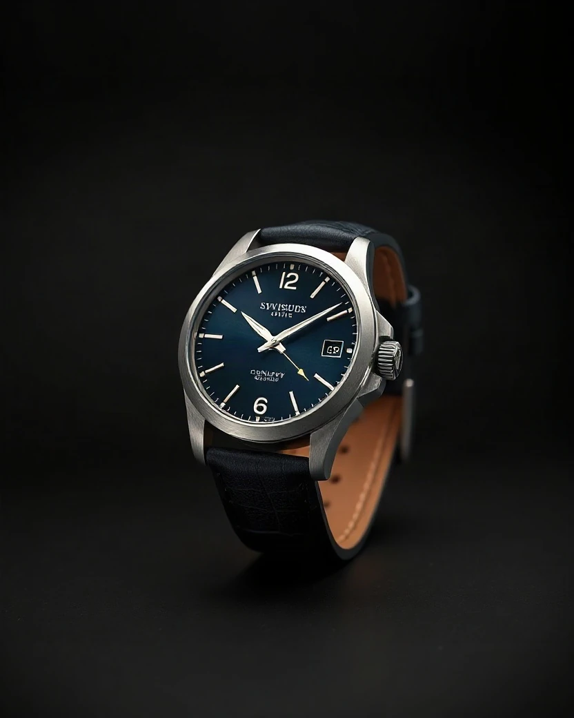 A Swiss mechanical wristwatch with a navy dial and leather strap on a dark charcoal backdrop